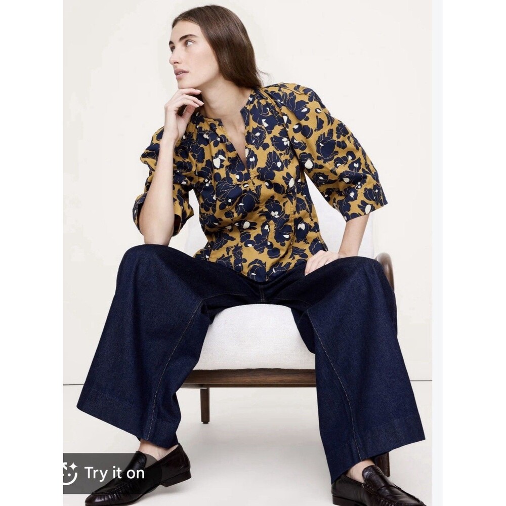 Banana Republic Stretch-Cotton Volume-Sleeve Top Medium Career Abstract Floral